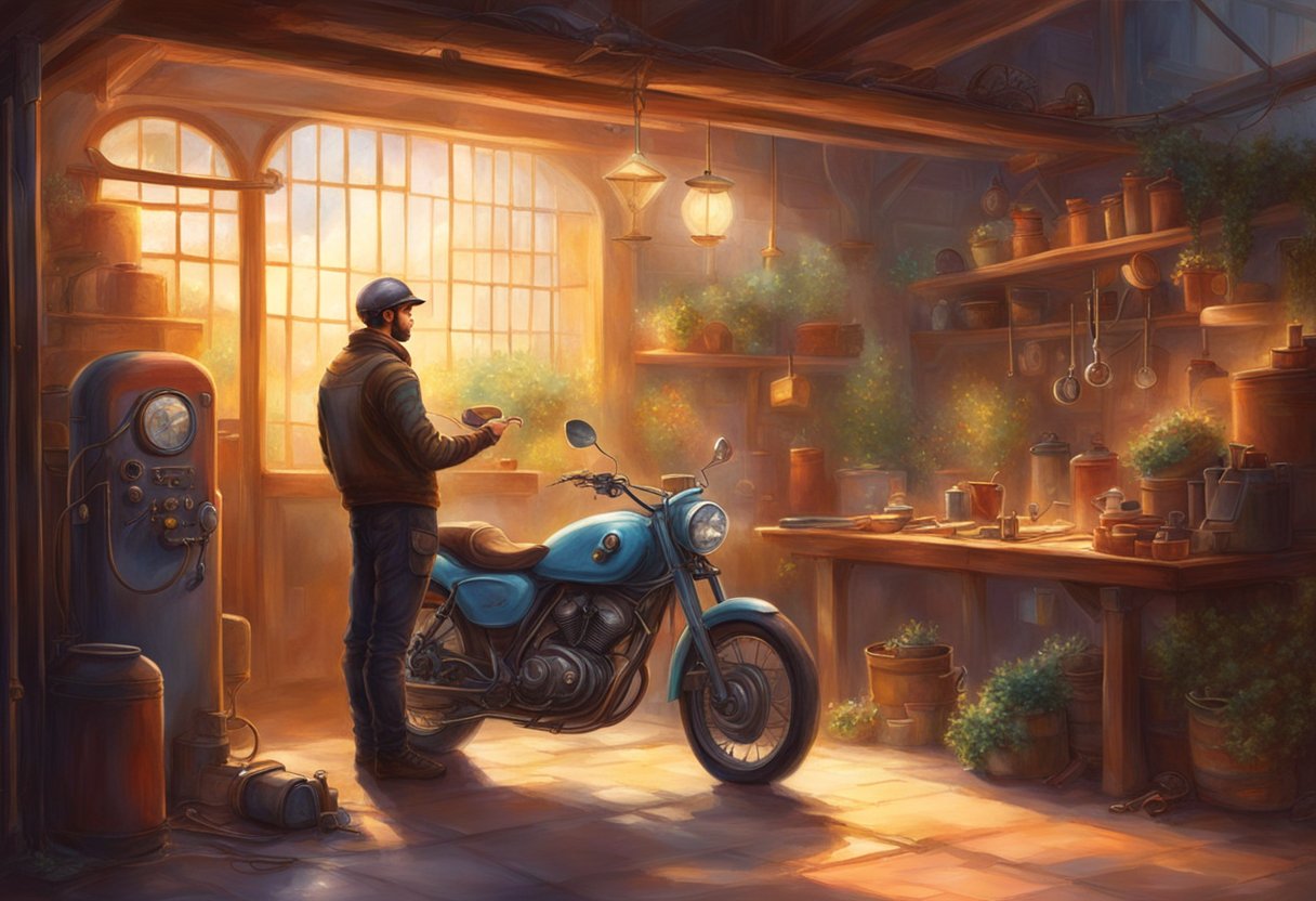 A motorcycle parked in a well-lit garage with a mechanic checking the fuse box for signs of damage or overheating