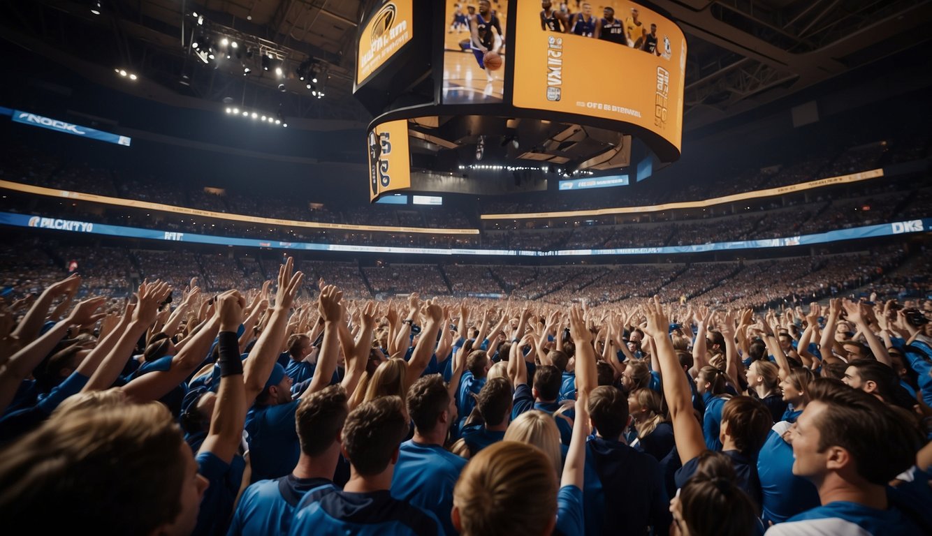 Fans cheer and wave team banners as players compete in a basketball playoff game. Crowd noise fills the arena