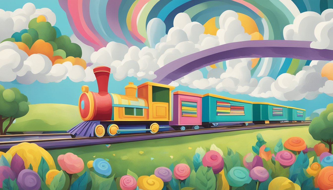 A colorful train chugging through a whimsical landscape with brain-shaped clouds and tracks made of books