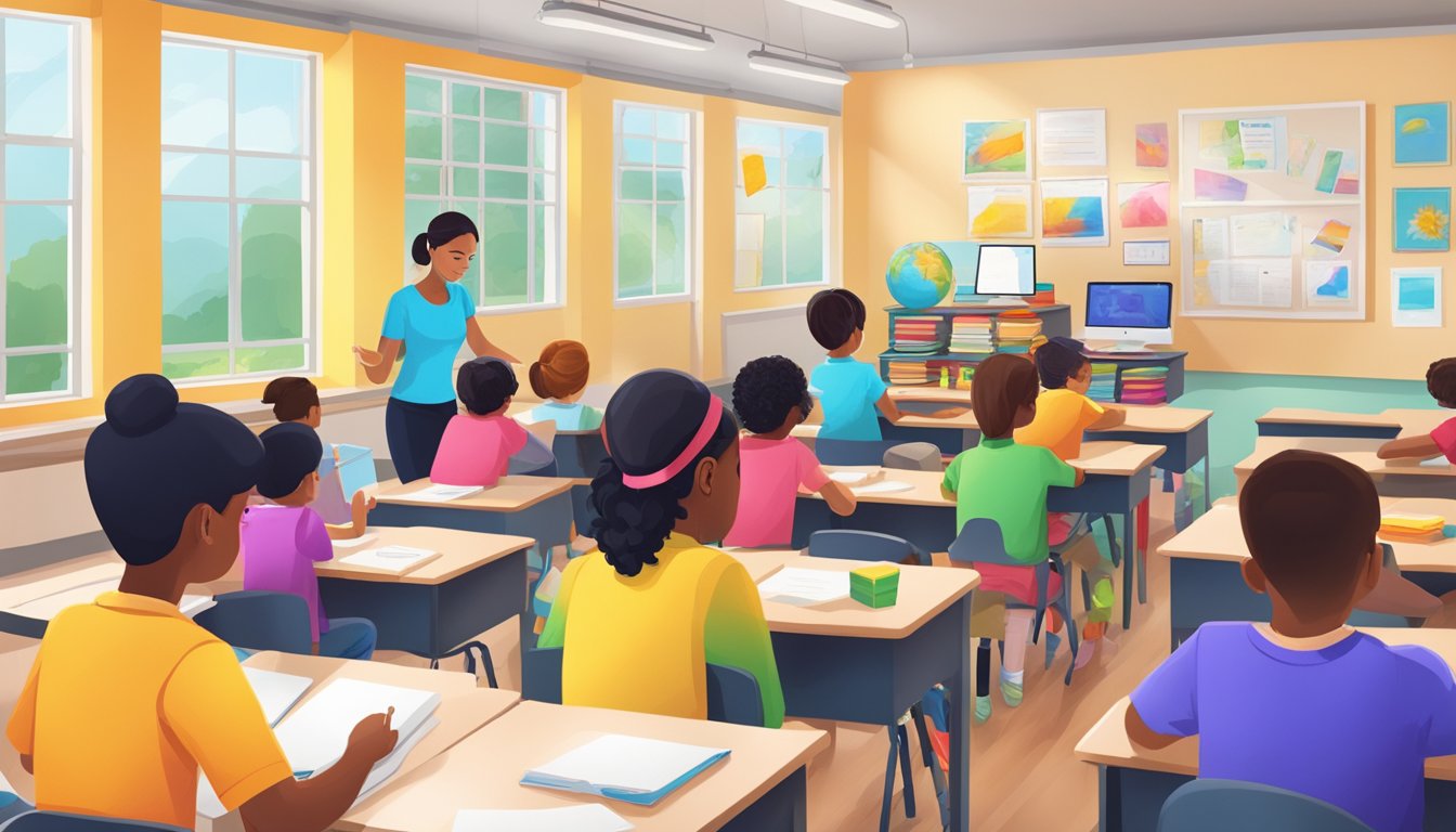 A bright, spacious classroom filled with colorful educational materials and technology, with attentive tutors providing personalized support to engaged students at Brain Train Tuition