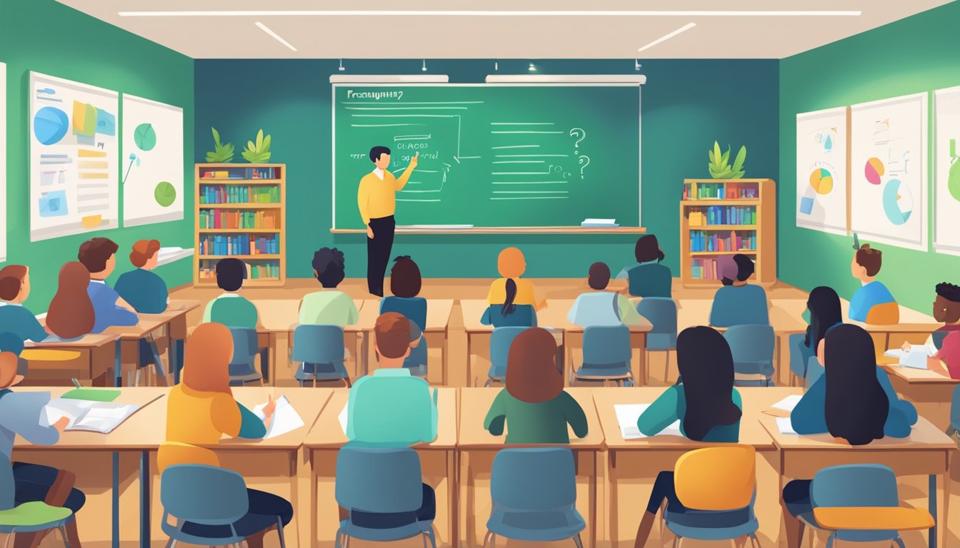 Students eagerly engage with tutors in a vibrant classroom setting, with a prominent "Frequently Asked Questions" sign on the wall