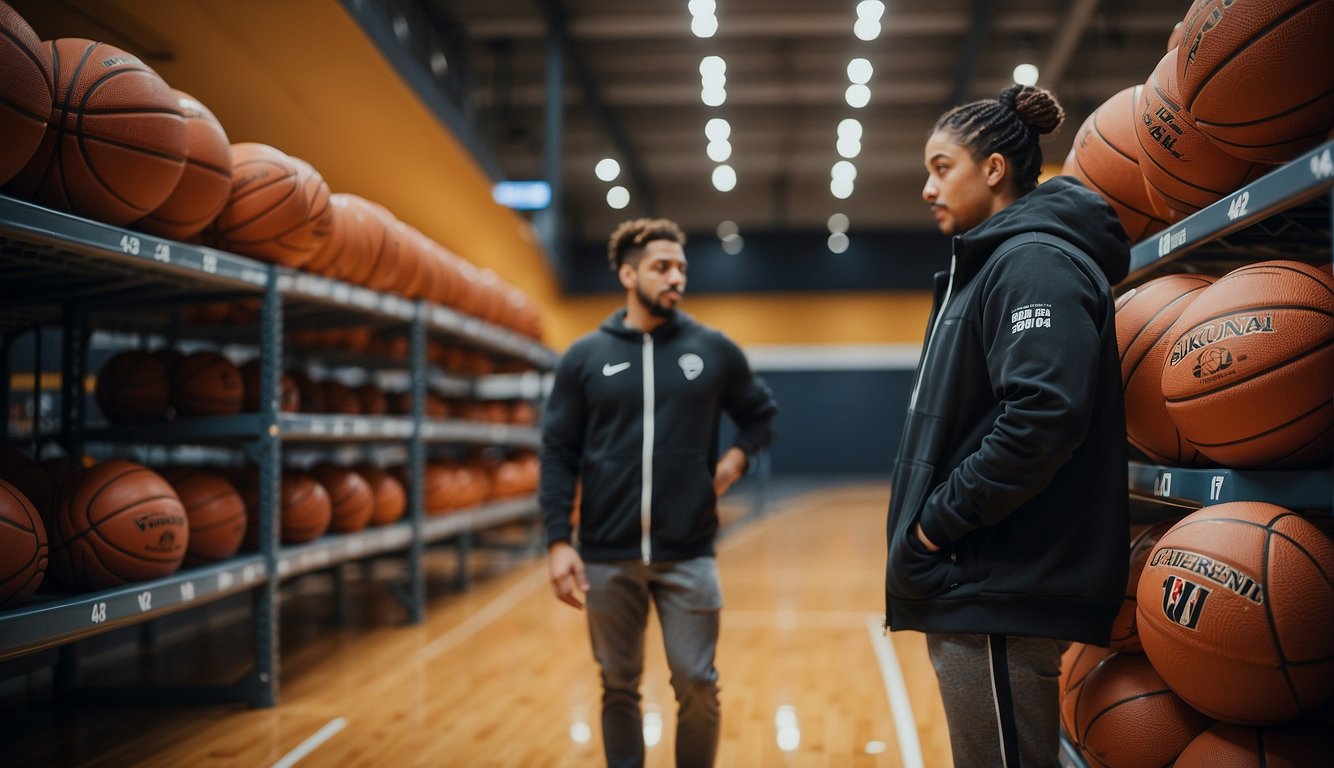 A person standing in front of a rack of basketballs, comparing sizes with a measuring tape