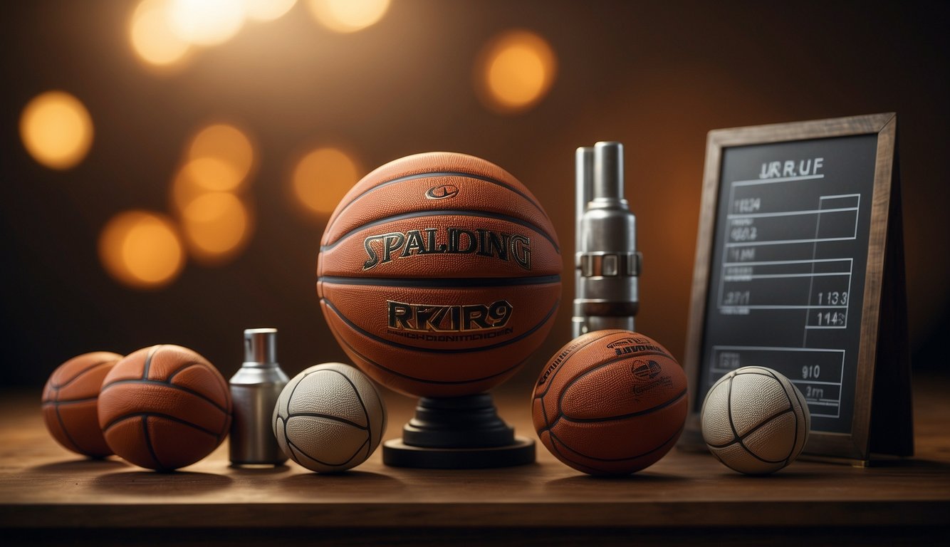 A basketball size comparison chart with various options displayed next to common objects for reference