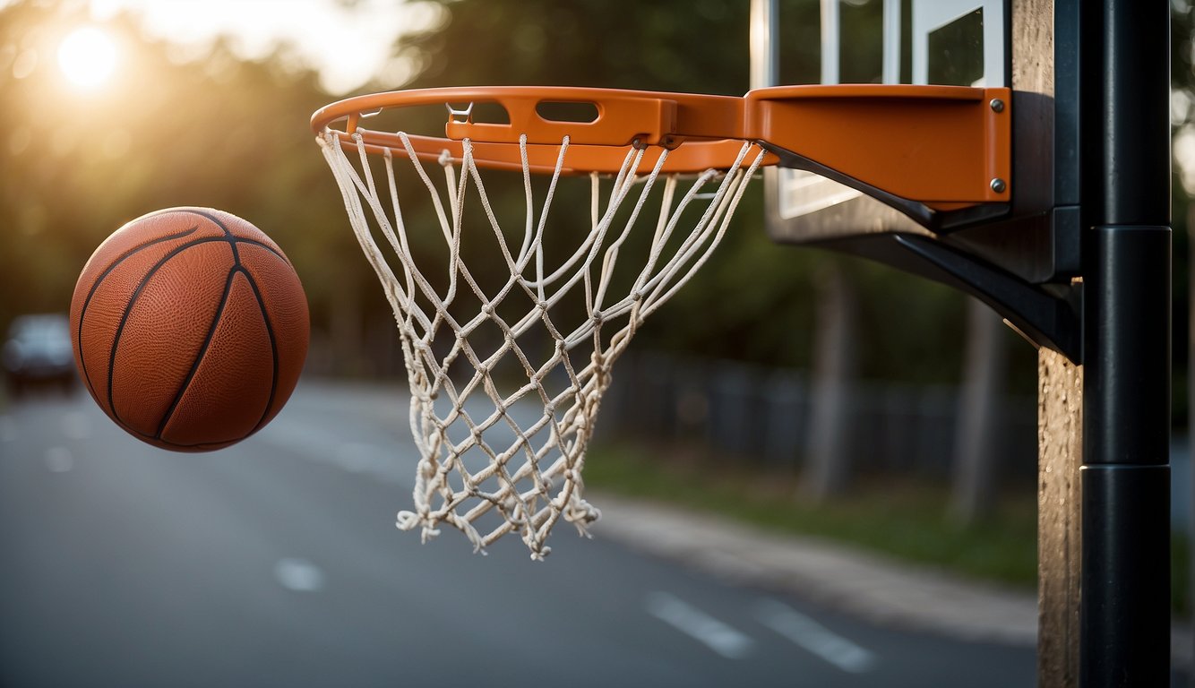 A basketball hoop with various sizes of basketballs scattered around, a measuring tape next to them for reference