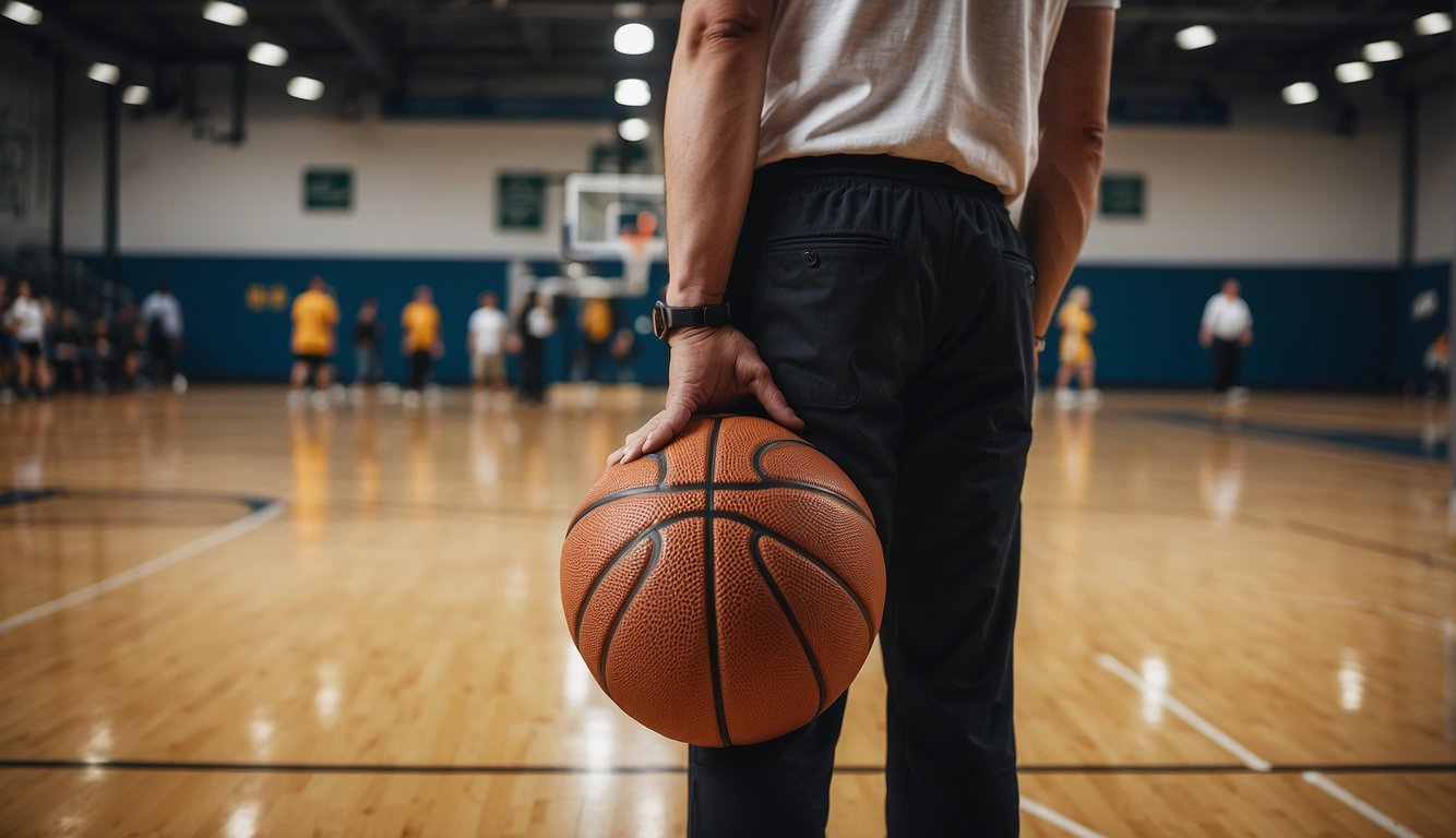 A customer measures a basketball against their waist and consults a size chart for guidance