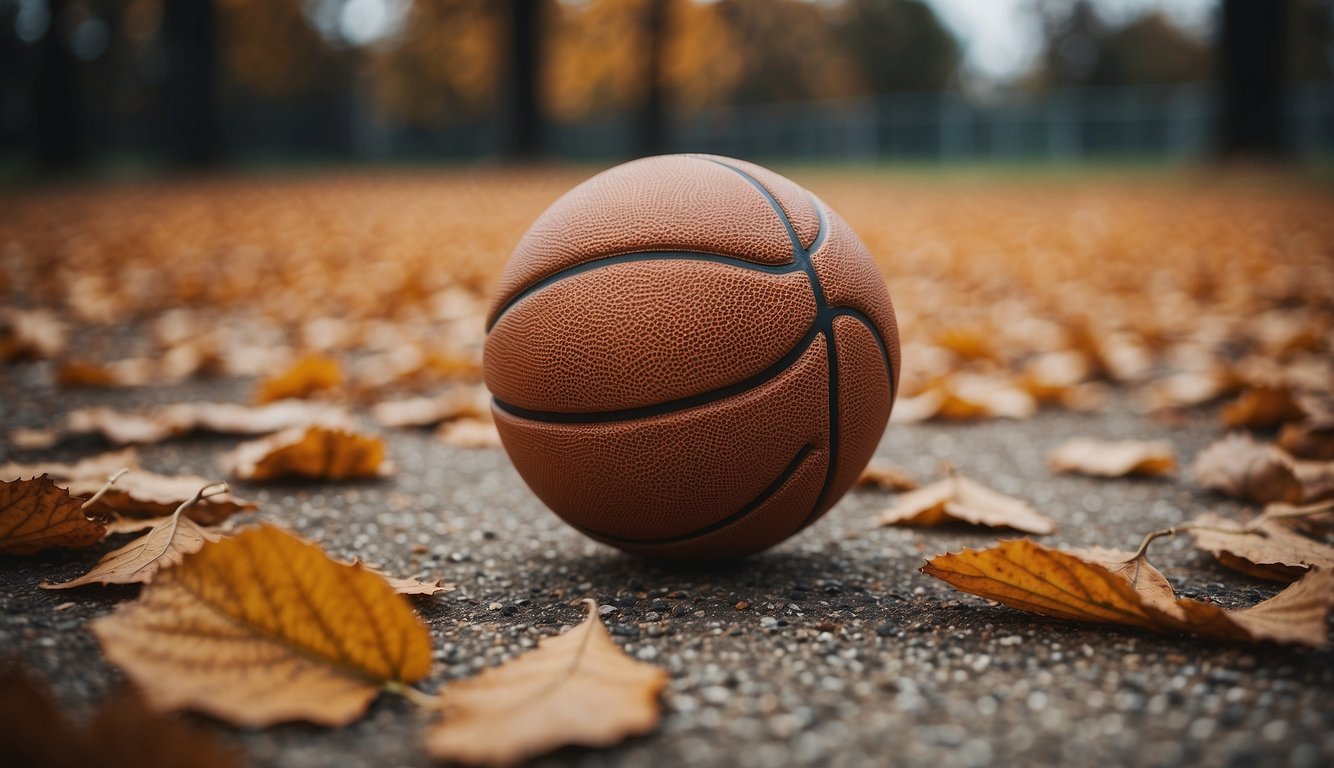 A basketball sits on a clean, well-maintained court, surrounded by a few scattered leaves. Its size and grip suggest durability and longevity