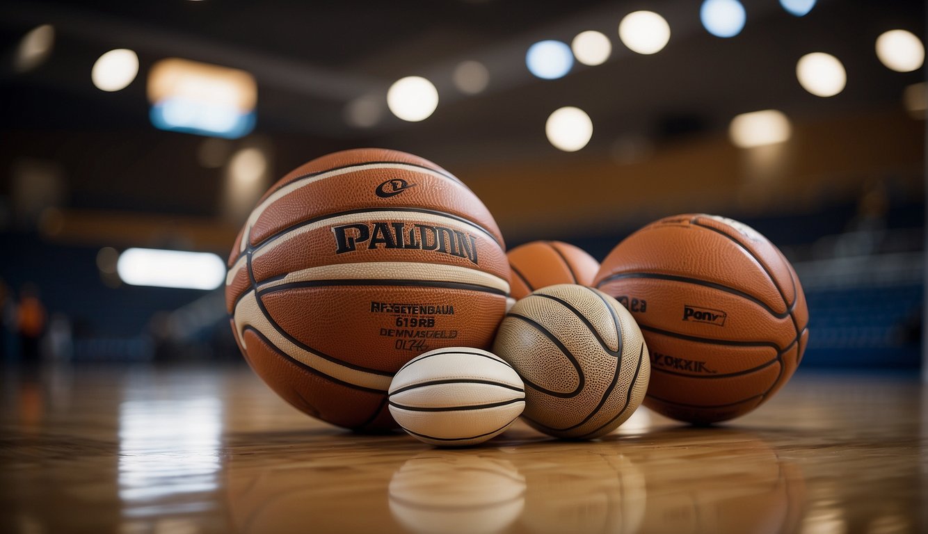 A basketball court with a regulation-size hoop and a variety of basketballs in different sizes laid out for comparison