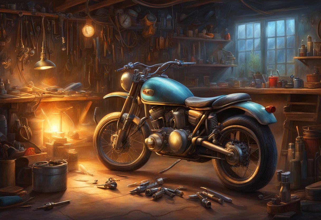 A motorcycle sits in a dimly lit garage, with the hood open and a mechanic's tools scattered around. The spark plugs are removed and laid out on a workbench, while the mechanic examines them closely for any signs of damage or wear