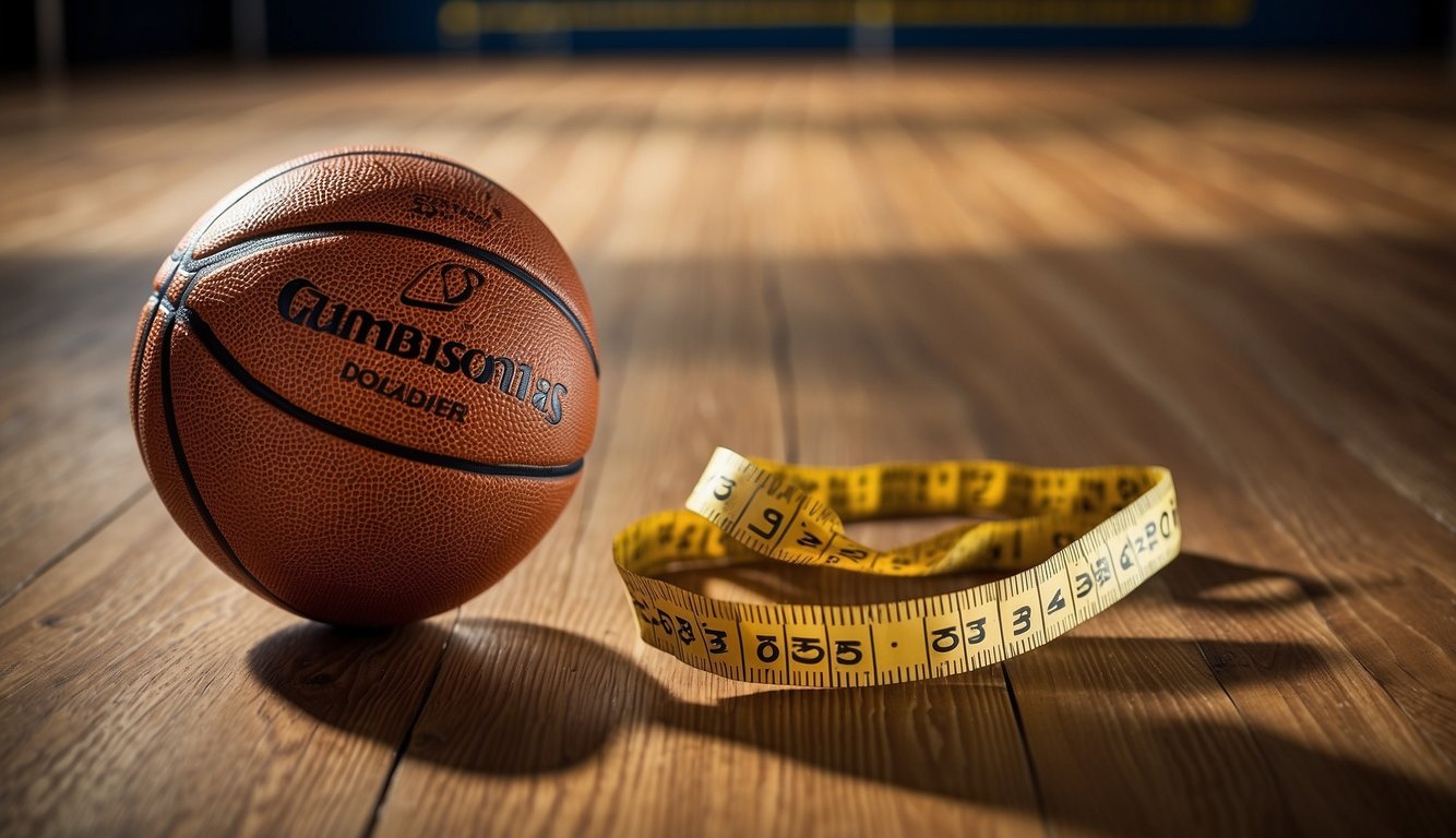 A basketball resting on a wooden floor, surrounded by measuring tape and a size chart