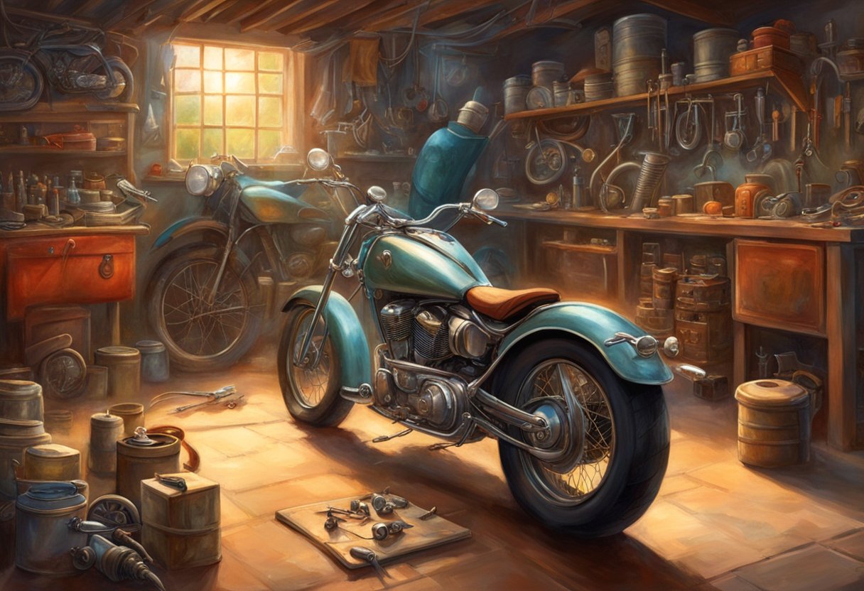 A motorcycle sits in a garage, with the hood open and tools scattered around. A mechanic inspects the spark plugs for signs of damage or wear