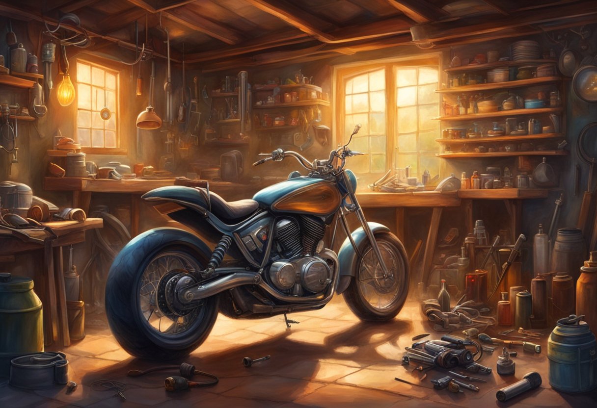 A motorcycle sits in a dimly lit garage, with the hood open and tools scattered around. The spark plugs are being inspected by a professional mechanic