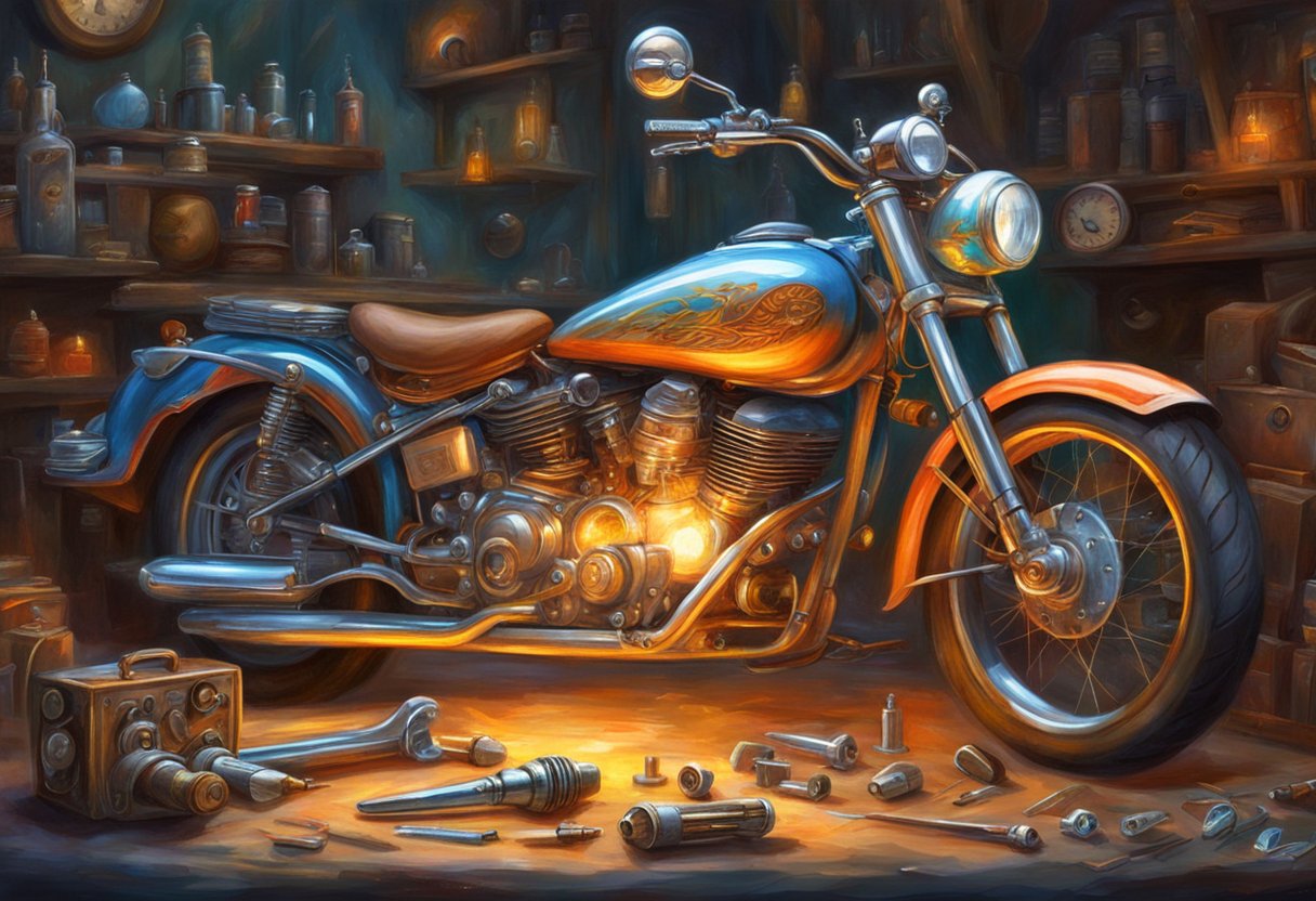 A motorcycle with its spark plugs removed, surrounded by tools and a troubleshooting guide from "The Motor Guy" website