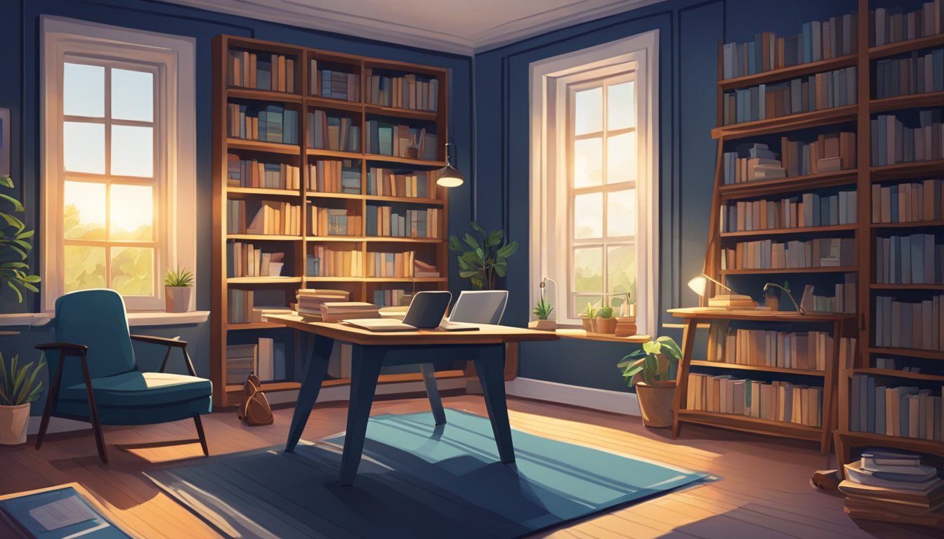 A cozy study room with bookshelves, desks, and a chalkboard. Sunlight streams in through large windows, casting a warm glow on the indigo-colored walls