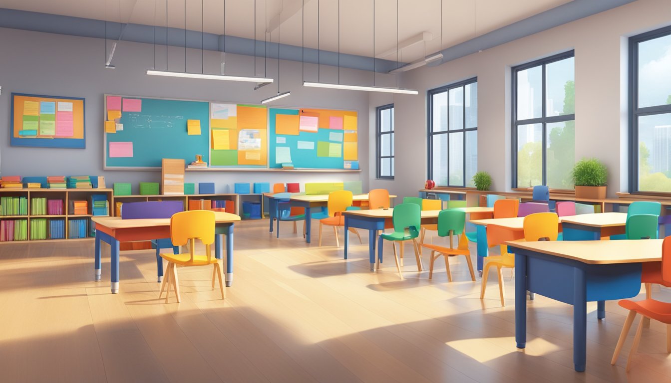 A bright, modern classroom with colorful educational materials and comfortable seating at Indigo Tuition Services' location