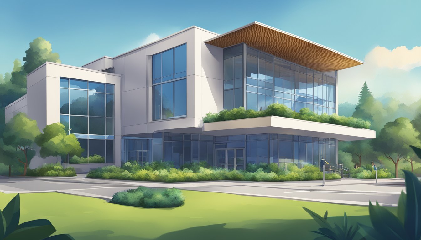 A modern building with a sign reading "Indigo Tuition Location" in bold letters, surrounded by greenery and a clear sky