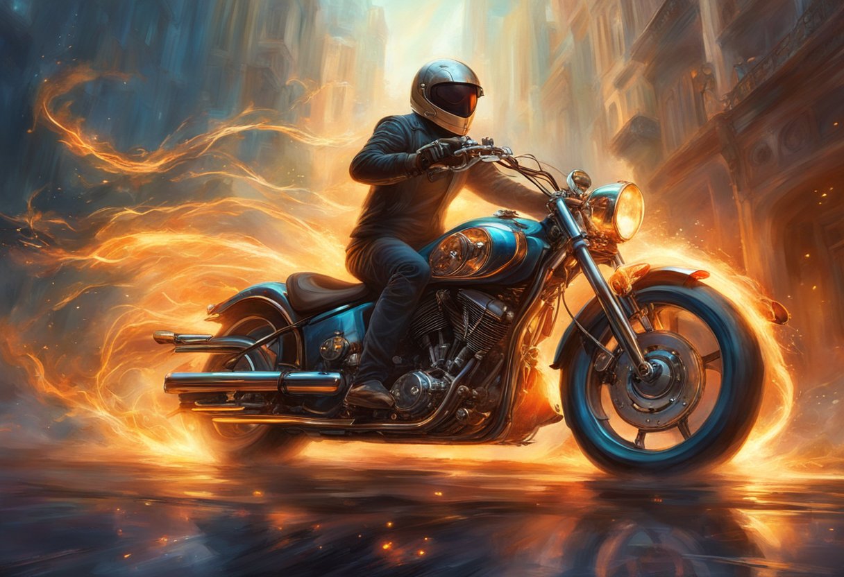 A motorcycle with a malfunctioning voltage regulator emits smoke and sparks from the electrical system, causing the lights to flicker and the engine to sputter