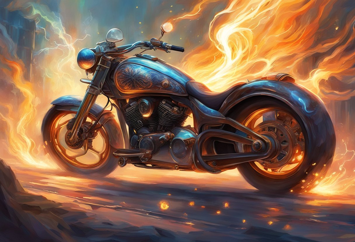 A motorcycle with a faulty voltage regulator emits sparks and smoke from the electrical system, while the headlights flicker and the engine sputters