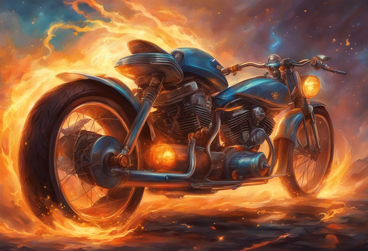 A motorcycle with a faulty voltage regulator emits sparks and smoke from the electrical system, while the headlights flicker and the engine sputters