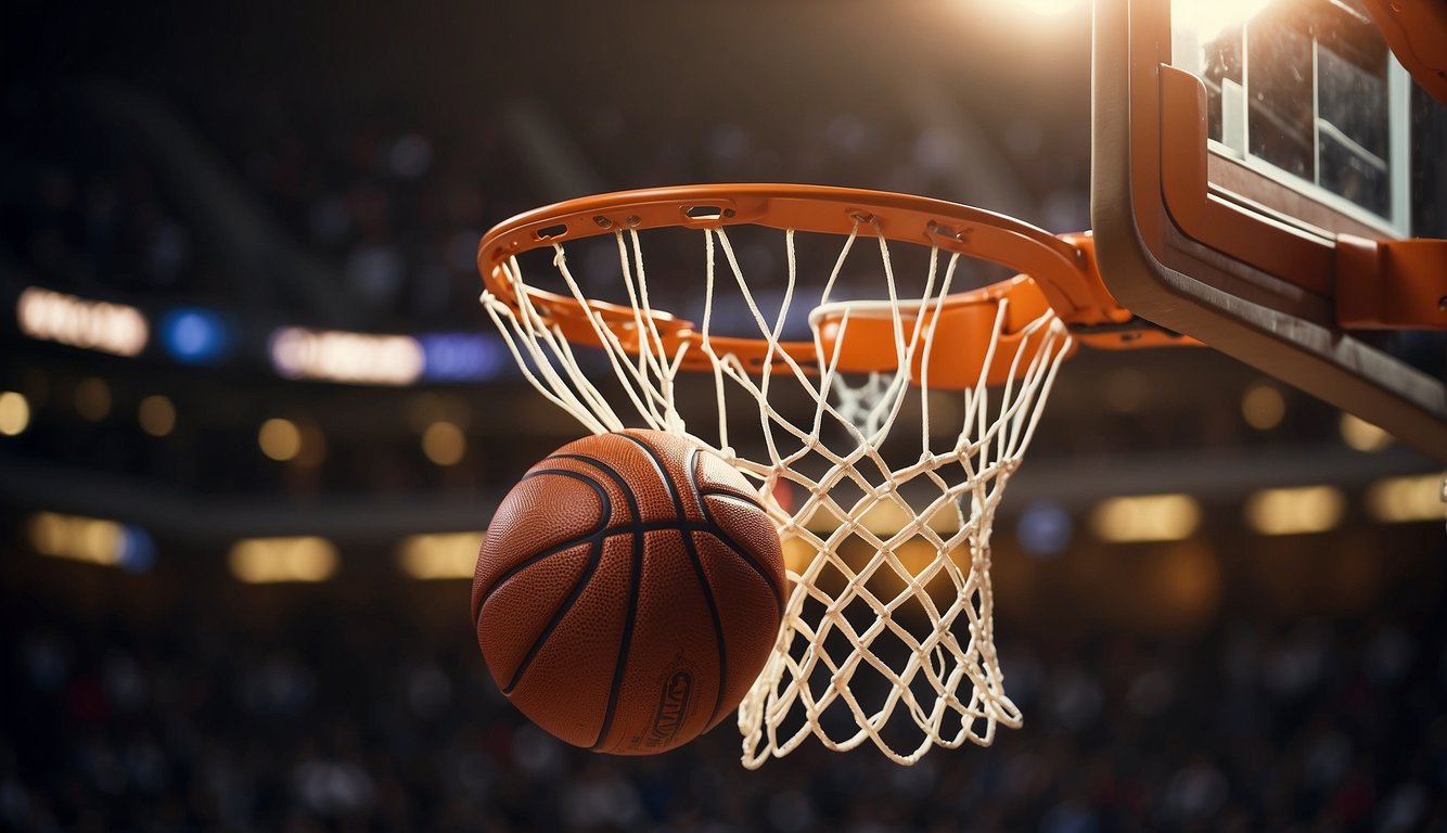 Basketball soaring through the net, players celebrating, smiles all around