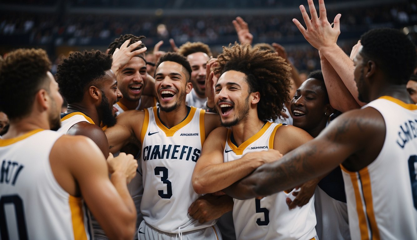 Players celebrate a game-winning shot, high-fiving and hugging in a circle, showing joy and camaraderie