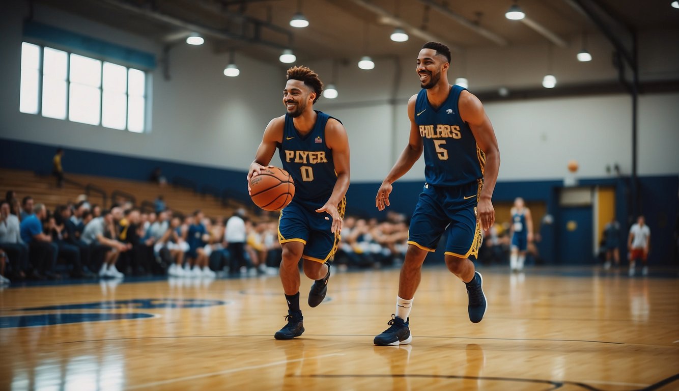 Players dribble, pass, and shoot on a vibrant basketball court, smiling and laughing as they improve their skills and enjoy the game