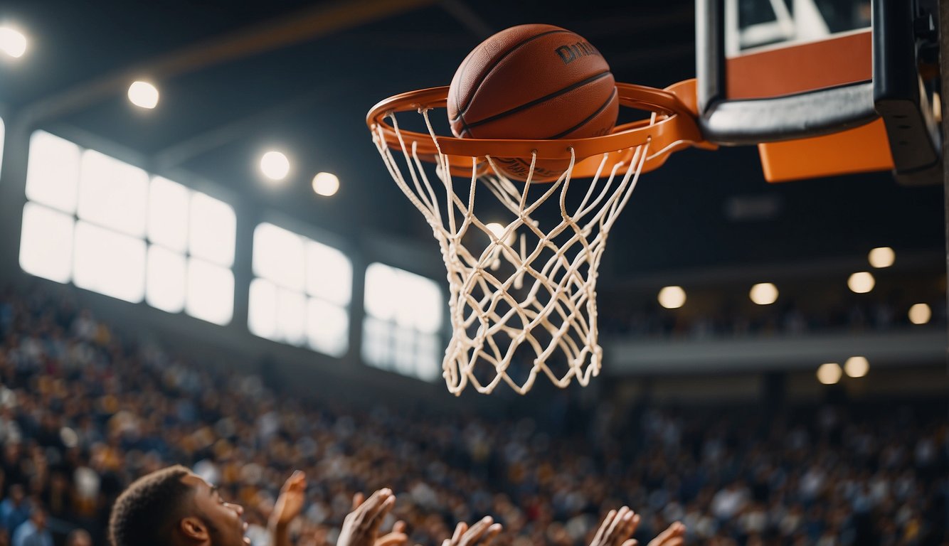 A basketball swishes through the net, players high-five. Smiles all around