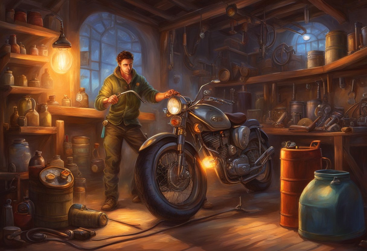 A mechanic inspects a motorcycle fuel gauge with a flashlight and tools in a well-lit garage