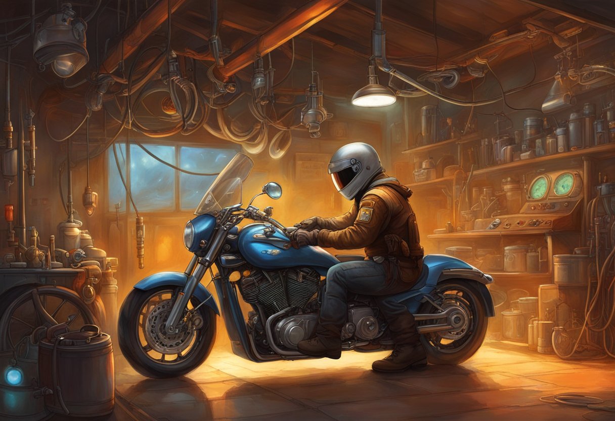A technician connects diagnostic tools to a motorcycle's fuel gauge, checking for malfunctions. Wires and equipment surround the bike in a dimly lit garage