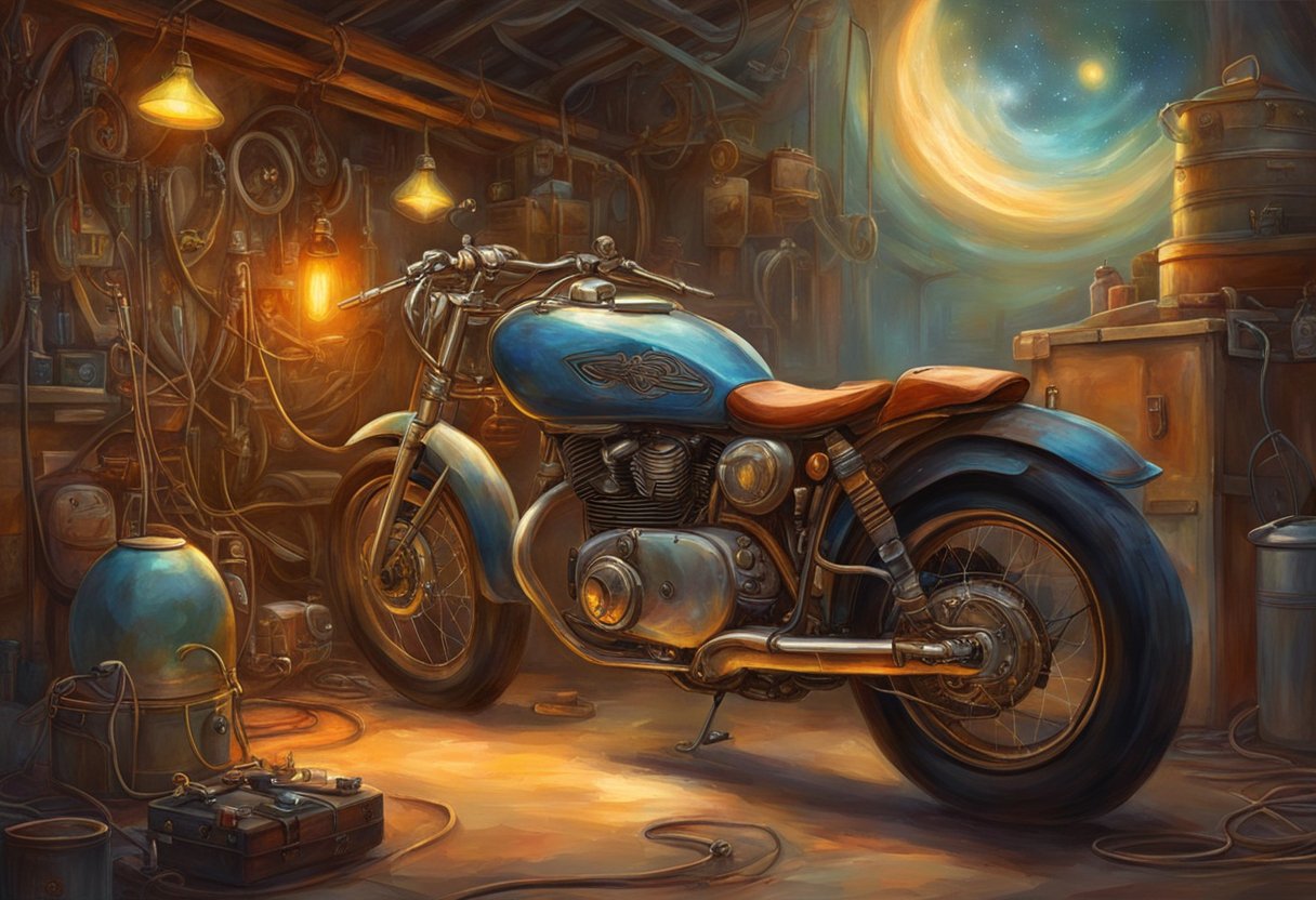 A motorcycle parked in a garage with the fuel gauge not working. Wires and connectors are exposed as someone troubleshoots the electrical issues