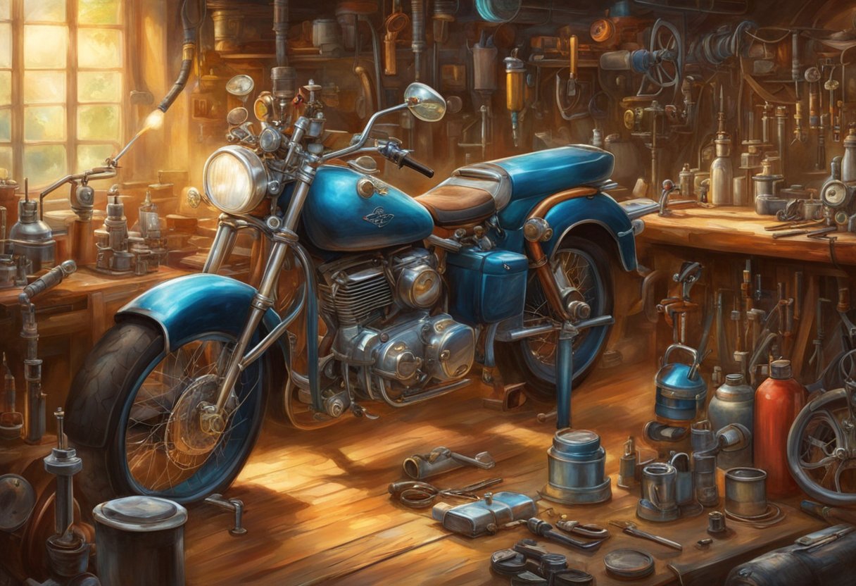 A motorcycle fuel system being inspected and maintained by a mechanic, with various tools and equipment laid out on a workbench