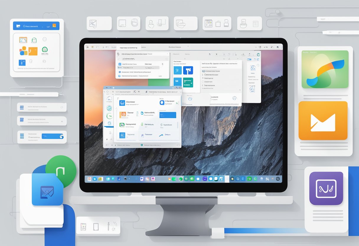 A computer screen displaying the settings menu with the option to enable dark mode in Outlook, surrounded by icons representing different platforms
