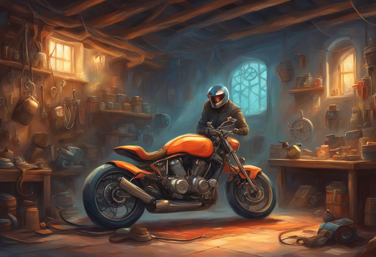 A motorcycle sits in a garage, with the rider attempting to start it using the electric starter. The engine fails to turn over, and the rider looks frustrated