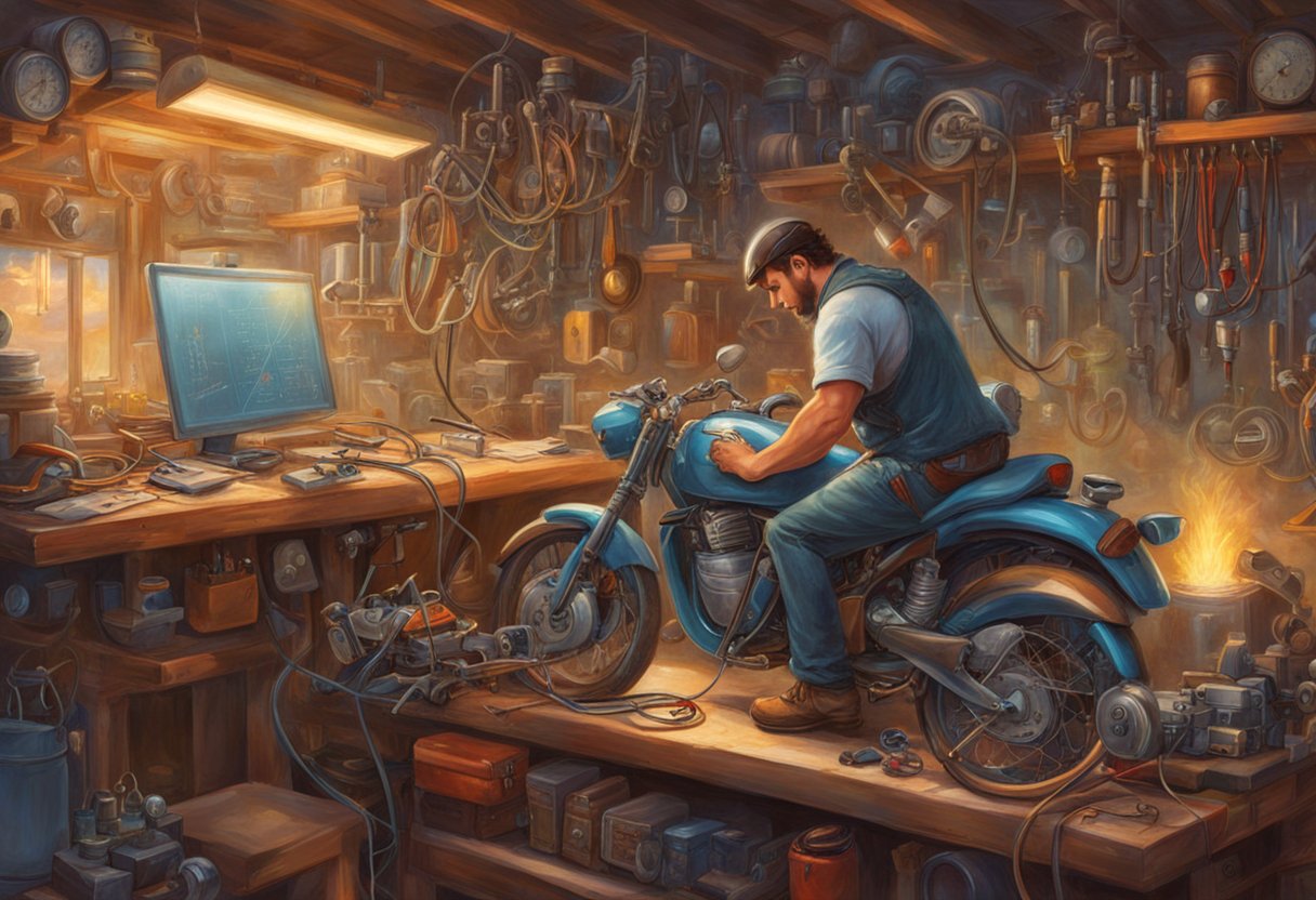 A mechanic troubleshoots a motorcycle's electric starter with a multimeter and a wiring diagram spread out on a workbench