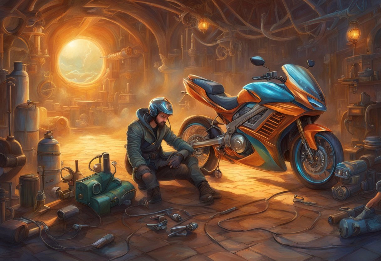 A motorcycle with a non-functioning electric starter, surrounded by tools and diagnostic equipment, with a mechanic troubleshooting the issue