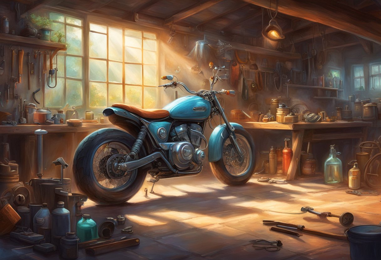 A motorcycle sits in a well-lit garage, surrounded by tools and maintenance supplies. The electric starter is exposed, with a mechanic's hand reaching in to inspect it