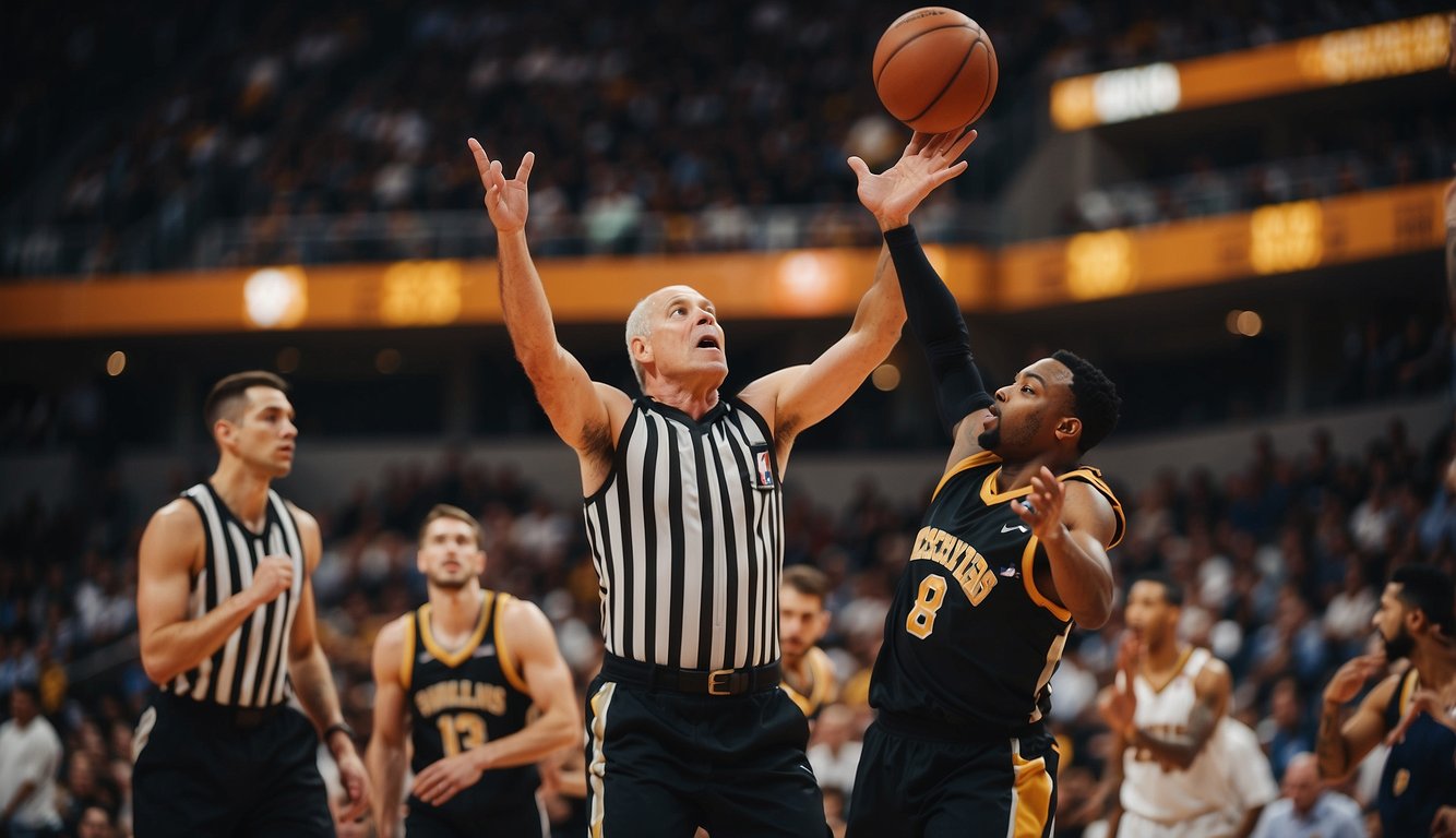 The basketball game starts with the referee tossing the ball into the air at center court. Players from each team jump to try and gain possession of the ball