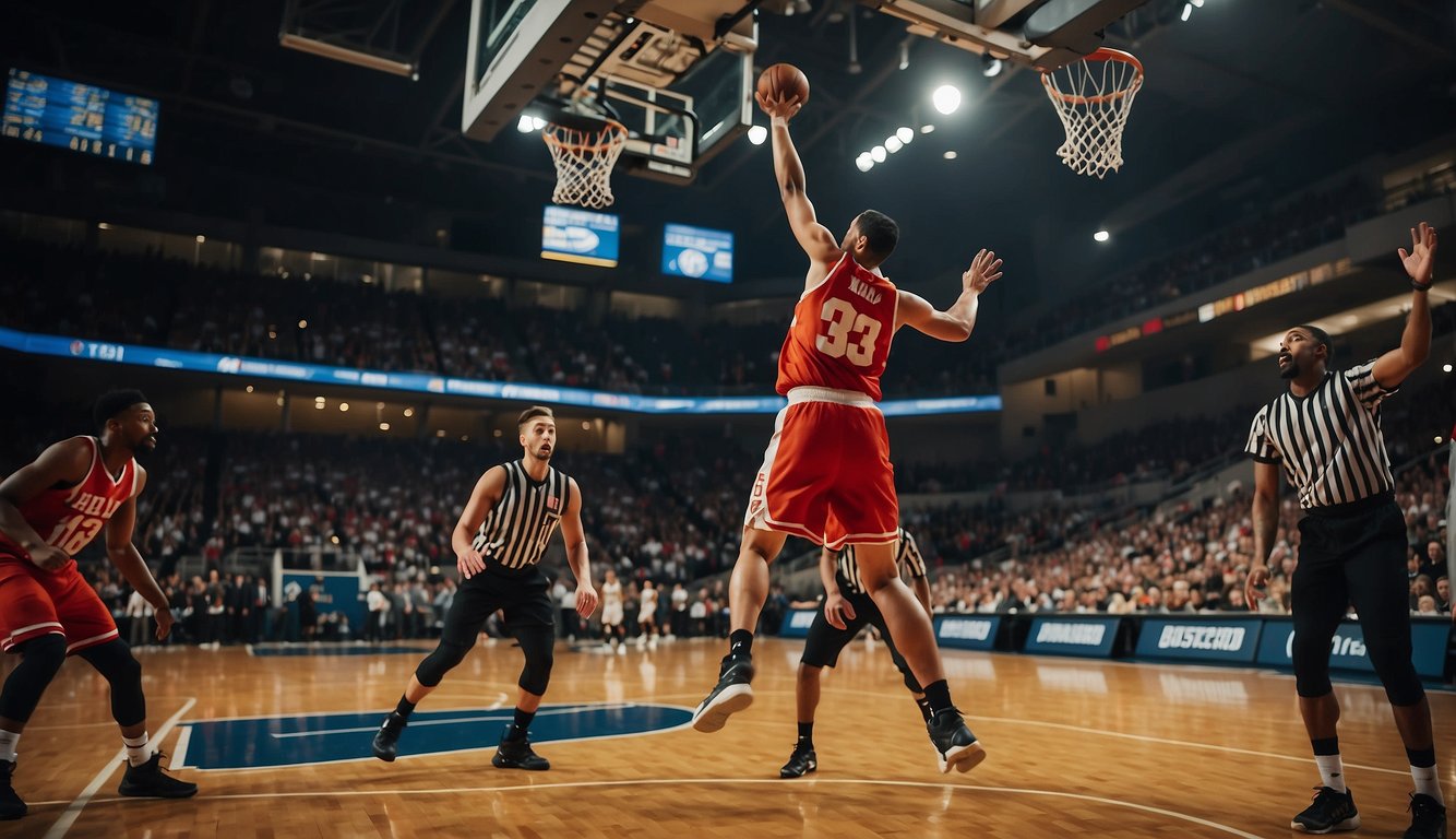 The basketball game begins with the referee tossing the ball into the air at the center of the court. Players from both teams jump to try to gain possession of the ball