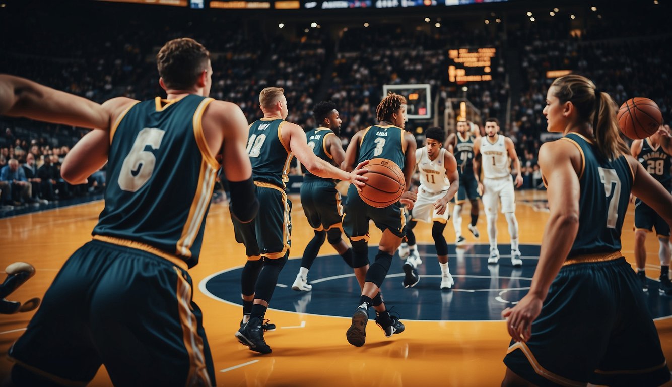 Players gather on the court, referees toss the ball, and the game begins with a jump ball at the center circle