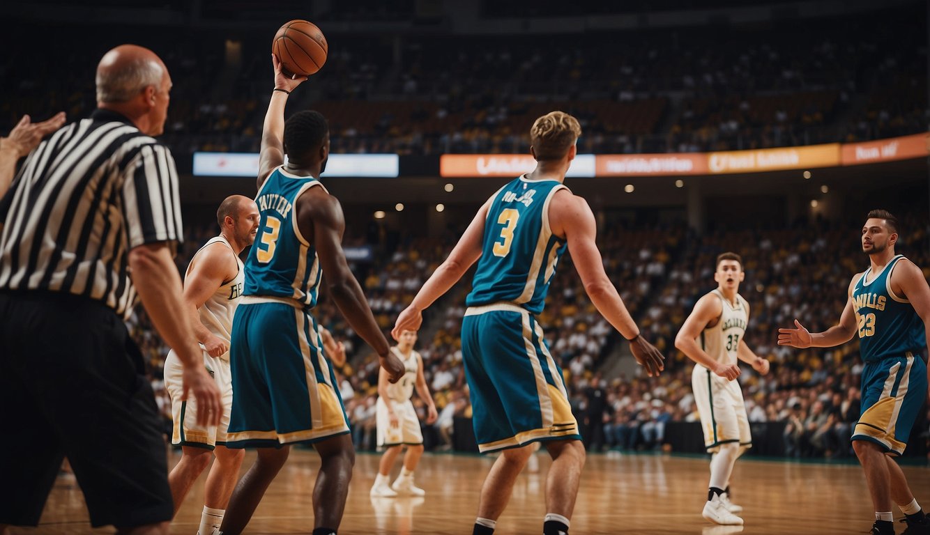 A basketball game begins with a jump ball at center court, as players from each team vie for possession. The referee tosses the ball into the air, and the game officially begins