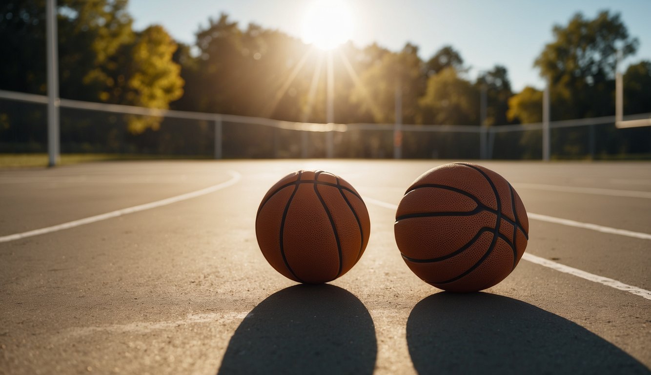 A basketball sitting on a court, surrounded by a peaceful and serene environment. The sun is shining, and there are no other distractions in sight