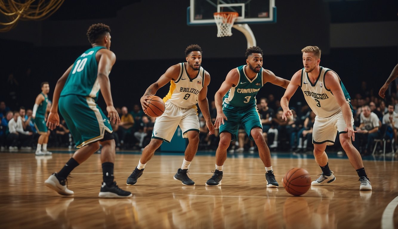 Players passing and communicating on the court, building teamwork and camaraderie. The sound of dribbling and swishing nets, creating a positive and energizing atmosphere