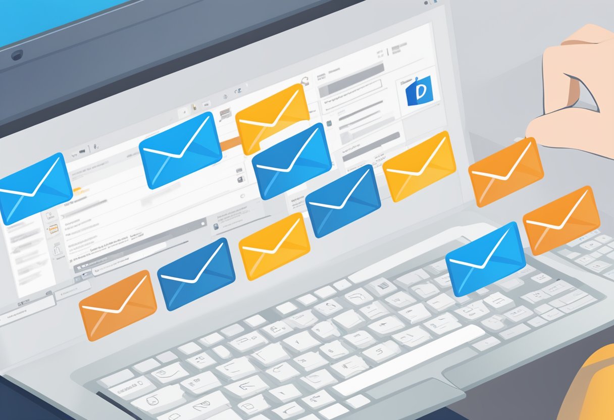 Multiple emails being selected in Outlook using a mouse or keyboard shortcuts. The emails are highlighted or checked off as they are being chosen