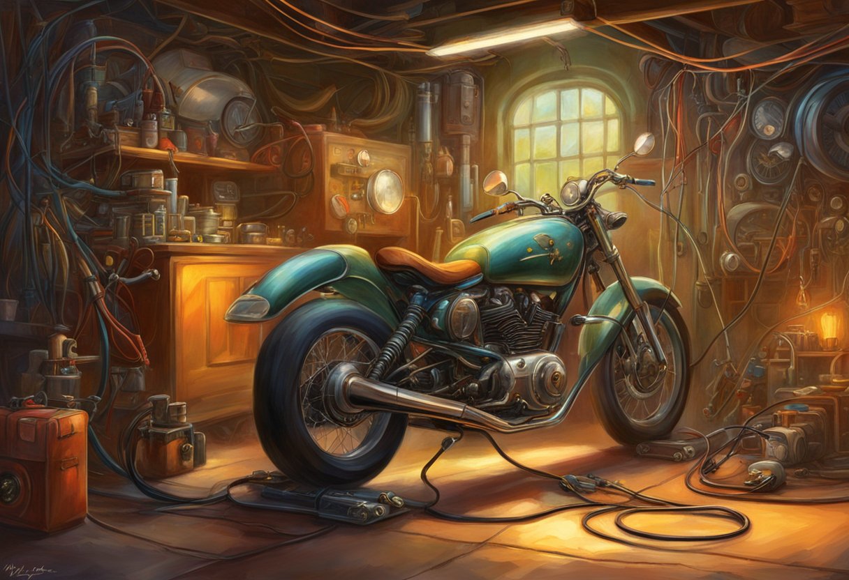The motorcycle's electrical system is being diagnosed with a multimeter and test light in a garage setting. Wires and components are being checked for shorts and continuity