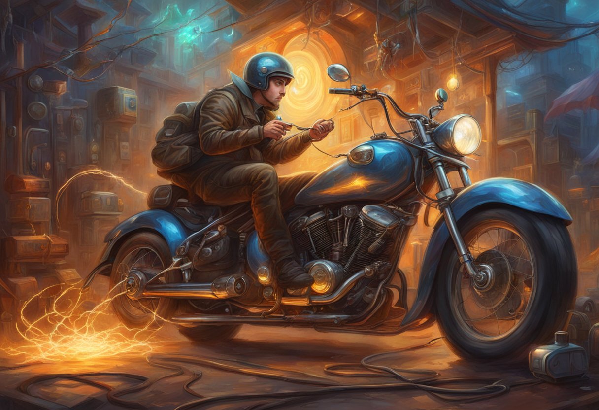 A motorcycle with exposed electrical wiring, sparking and smoking, surrounded by diagnostic tools and a puzzled mechanic