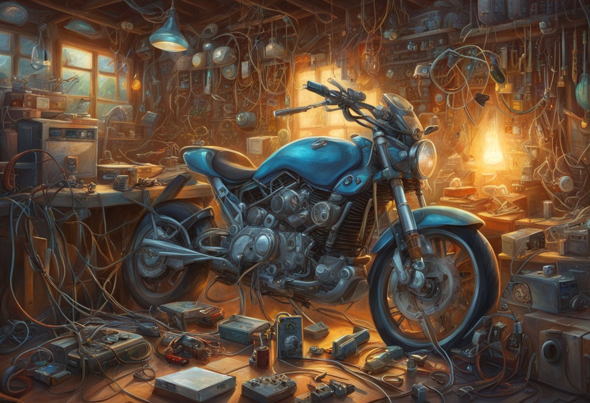 Electrical components scattered on a workbench, wires tangled and tools strewn about. A motorcycle sits nearby, its electrical system exposed and a perplexed mechanic scratching their head