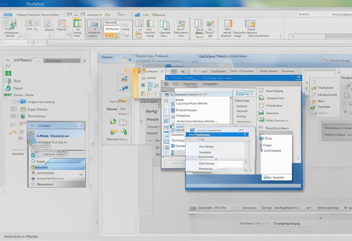 A computer screen with the Outlook application open, a mouse cursor clicking on the "File" tab, then selecting "Exit" to restart Outlook