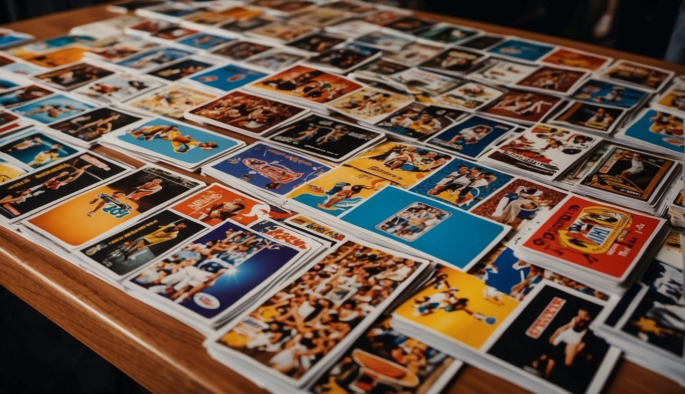 A table scattered with rare basketball cards, glossy and vibrant, with iconic players and teams, ready for purchase in 2022