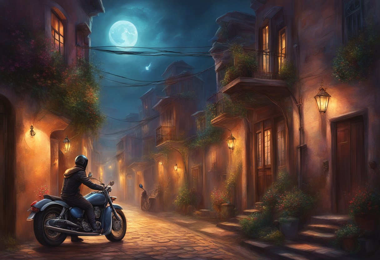 A motorcycle parked in a dimly lit alley, its alarm blaring loudly, with nearby residents peering out their windows in annoyance