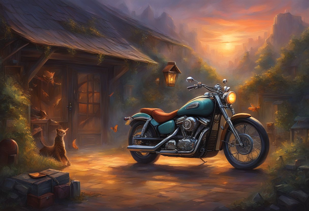 A motorcycle alarm blares in a dimly lit garage, startling nearby wildlife. The owner frantically tries to silence it, but the problem persists