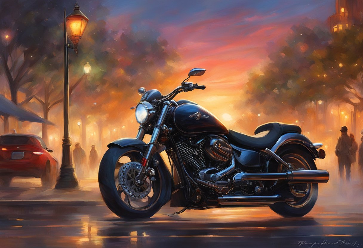 A motorcycle alarm blares in a quiet parking lot, startling nearby pedestrians. The flashing lights and loud siren draw attention to the sleek, black bike